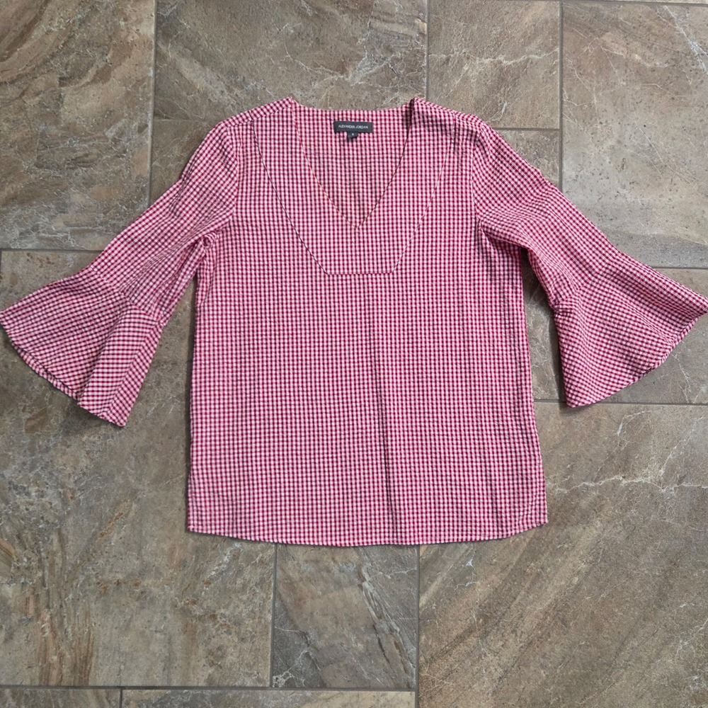Alexander Jordan Red Gingham V-Neck Bell Sleeve Cotton Blouse Small 4th‎ of July